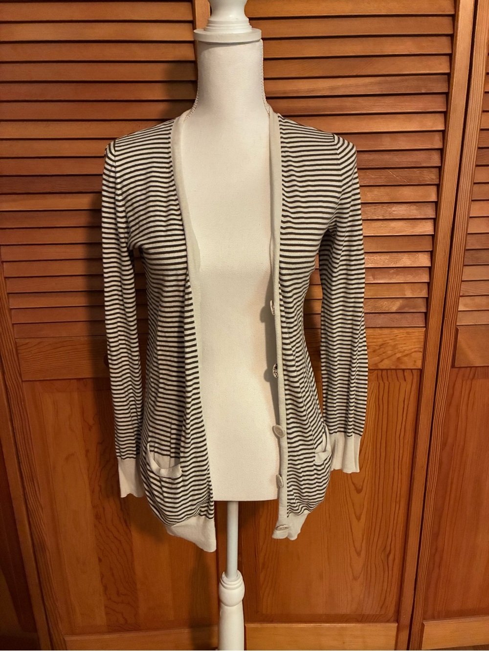 J. Crew Cream and Black Striped Button-Front Cardigan